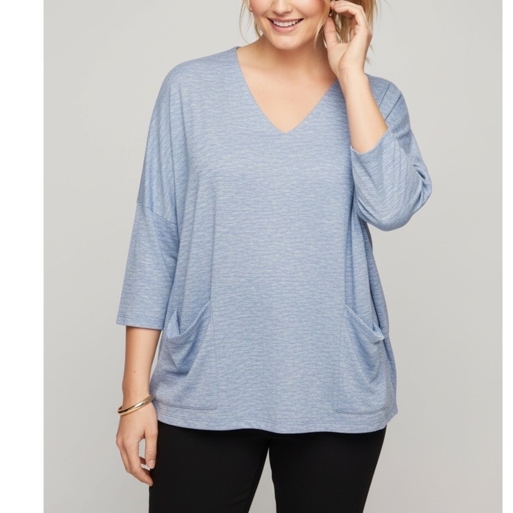 Woman Within Blue Space Dye V-Neck Tunic Top with Pockets Size 18/20
